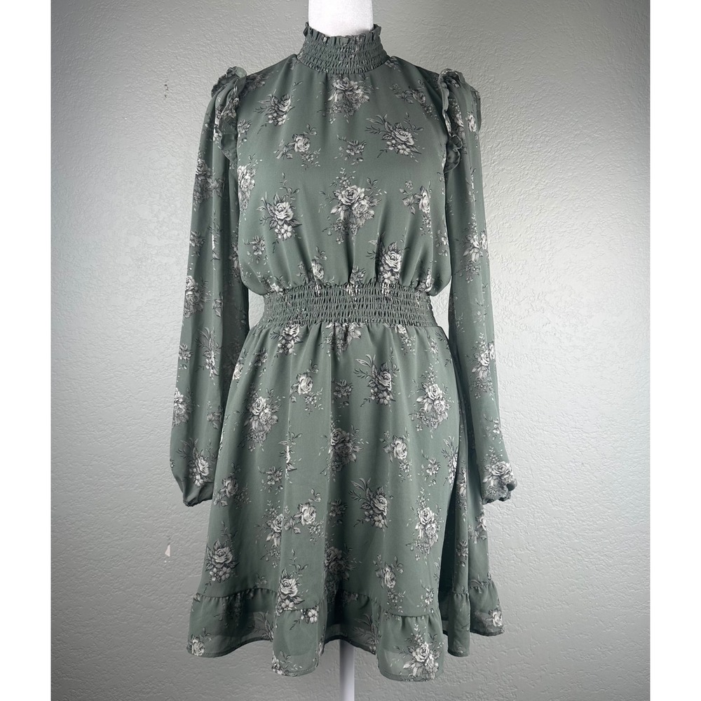 Forever 21 Smocked Mini Dress Size S Green Floral Mock Neck Ruffle Cottagecore